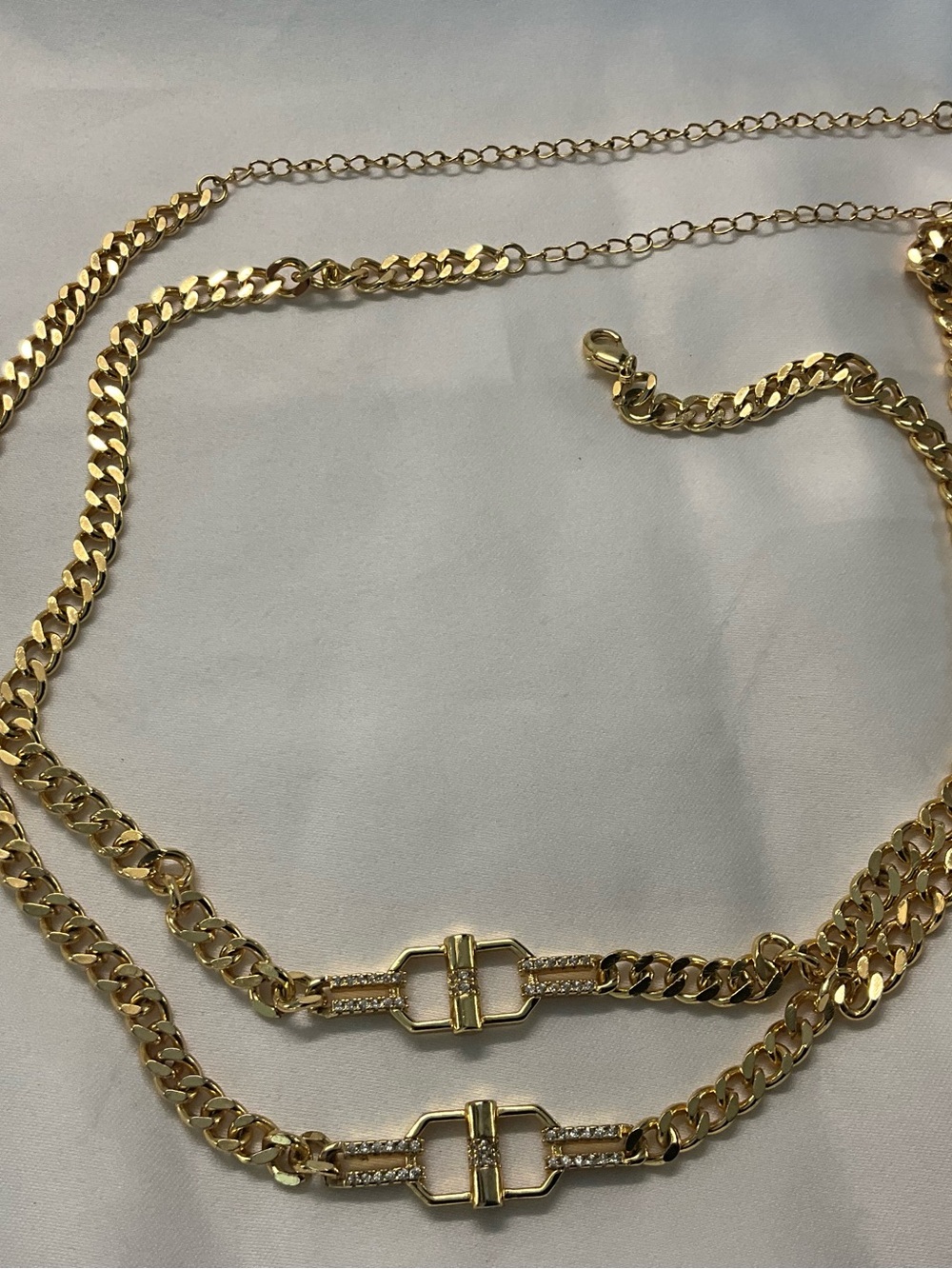 Two Gold Tone Double Chain Belt Necklace with Buckle Accents